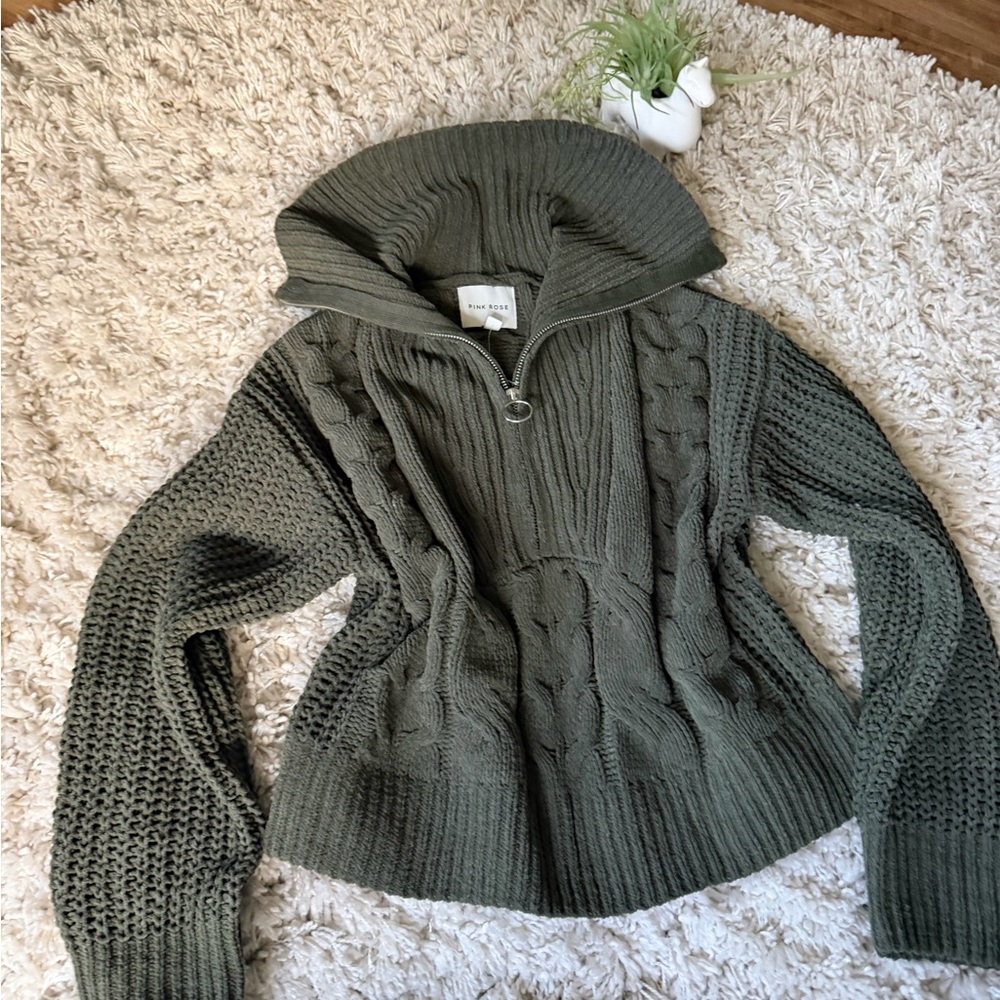Pink Rose Forest Green thick cute high neck Cable Knit Turtleneck Sweater